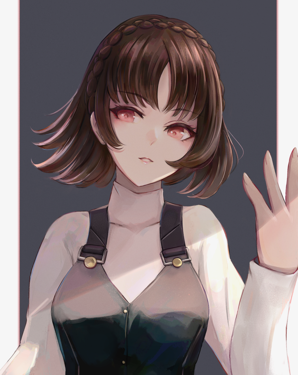 1girl bangs border braid brown_hair crown_braid eyebrows_visible_through_hair grey_background highres leonmandala long_sleeves looking_at_viewer niijima_makoto parted_lips persona persona_5 pillarboxed red_eyes shiny shiny_hair short_hair solo sweater turtleneck turtleneck_sweater upper_body white_border white_sweater