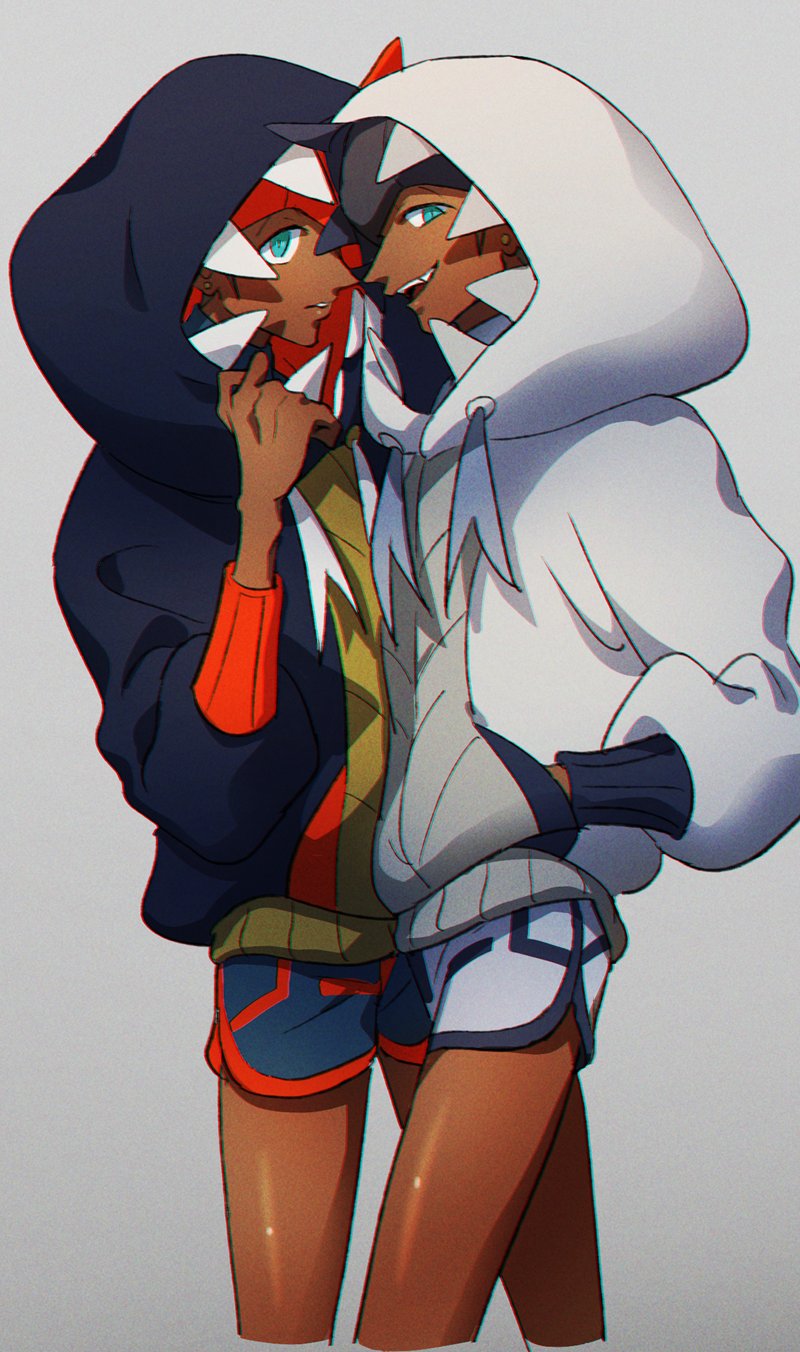 2boys black_hair black_hoodie dark_skin dark_skinned_male earrings from_side grey_background gym_leader hand_in_pocket hand_up highres hood hood_up hoodie jewelry looking_at_viewer male_focus multiple_boys nitaimoimo open_mouth pokemon pokemon_(game) pokemon_masters_ex pokemon_swsh raihan_(pokemon) shiny shiny_skin short_hair shorts sideways_glance smile symbol_commentary