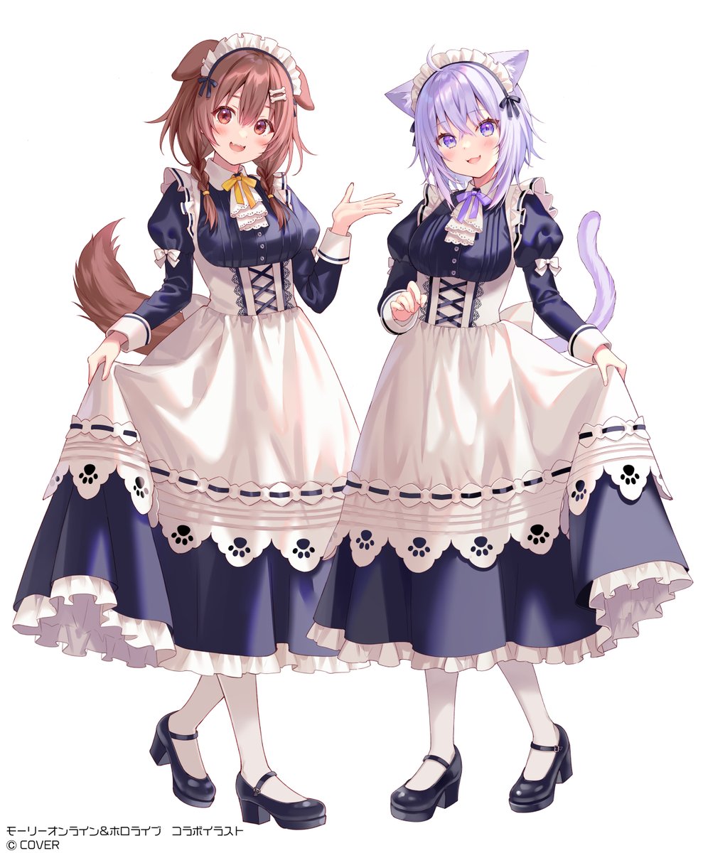 2girls alternate_costume animal_ear_fluff animal_ears apron bangs black_footwear blue_dress blush braid breasts brown_eyes brown_hair cat_ears cat_girl cat_tail commentary_request dog_ears dog_girl dog_tail dress enmaided eyebrows_visible_through_hair fukahire_(ruinon) hair_between_eyes highres hololive inugami_korone long_sleeves looking_at_viewer maid maid_apron medium_breasts medium_hair multiple_girls nekomata_okayu official_art open_hand open_mouth pumps purple_hair short_hair sidelocks simple_background skirt skirt_lift smile tail twin_braids violet_eyes virtual_youtuber white_background white_legwear