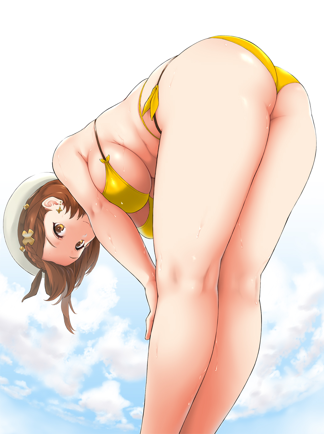 1girl ass atelier_(series) atelier_ryza atelier_ryza_2 bangs bare_shoulders bent_over beret bikini bikini_lift black_ribbon blue_sky blush braid breasts brown_eyes brown_hair closed_mouth day hair_ornament hairclip hat highres kemigawa_mondo large_breasts looking_at_viewer outdoors reisalin_stout ribbon short_hair side_braid sky smile solo swimsuit thick_thighs thighs wet white_headwear yellow_bikini