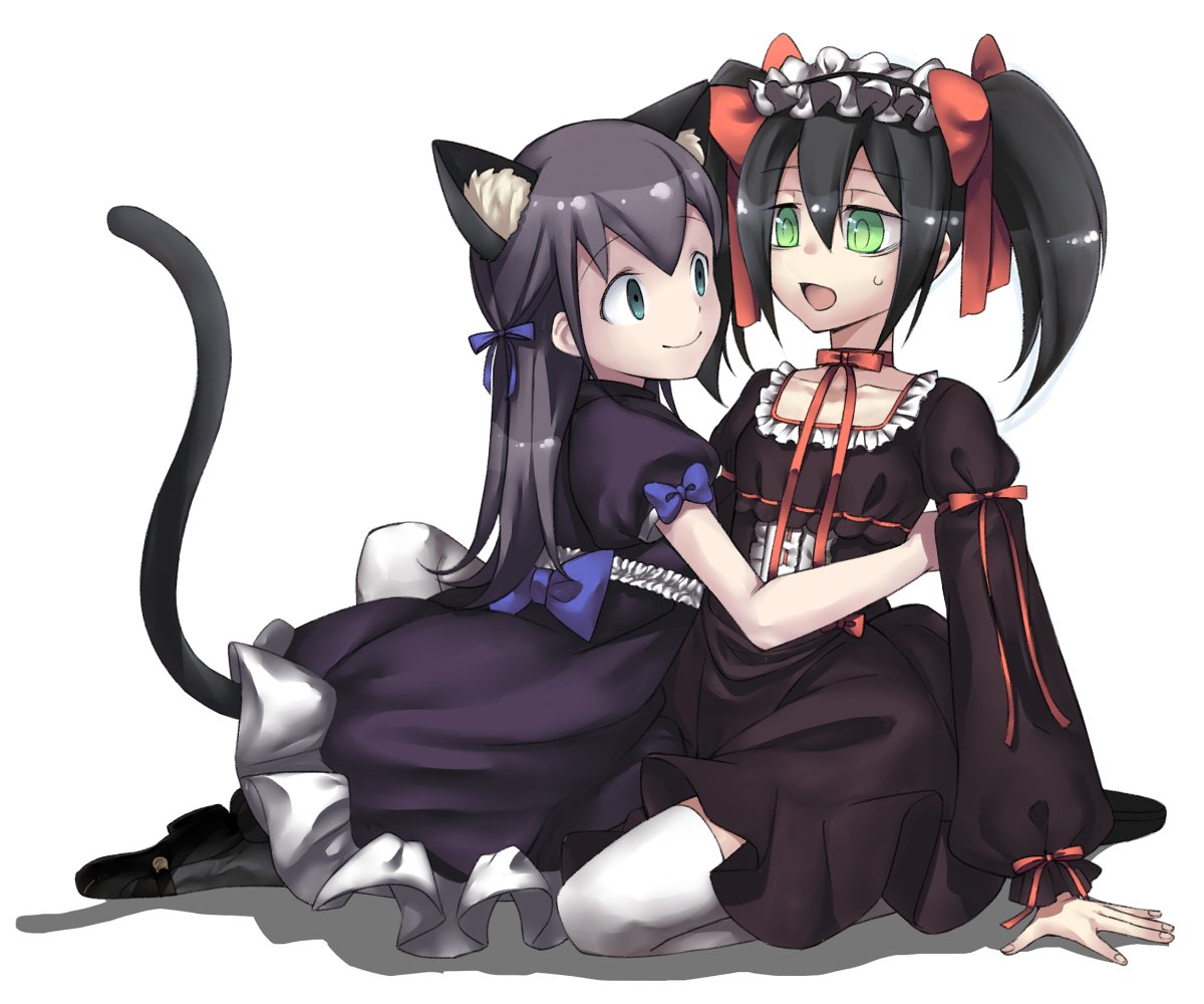 2girls alternate_hairstyle animal_ear_fluff animal_ears arm_around_waist arm_support back_bow black_dress black_footwear black_hair black_legwear bow cat_ears cat_girl cat_tail choker closed_mouth collarbone commentary_request cousins dress empty_eyes eye_contact eyebrows_visible_through_hair fingernails frilled_dress frills from_side gomihitosi green_eyes hair_bow hair_ribbon kemonomimi_mode kneeling kuroki_tomoko long_hair long_sleeves looking_at_another maid_headdress mary_janes multiple_girls open_mouth puffy_long_sleeves puffy_short_sleeves puffy_sleeves purple_bow purple_ribbon red_bow red_choker red_ribbon ribbon ribbon_choker satozaki_kiko shadow shiny shiny_hair shoes short_hair short_sleeves sidelocks simple_background smile sweatdrop tail tail_raised thigh-highs twintails watashi_ga_motenai_no_wa_dou_kangaetemo_omaera_ga_warui! white_background white_legwear