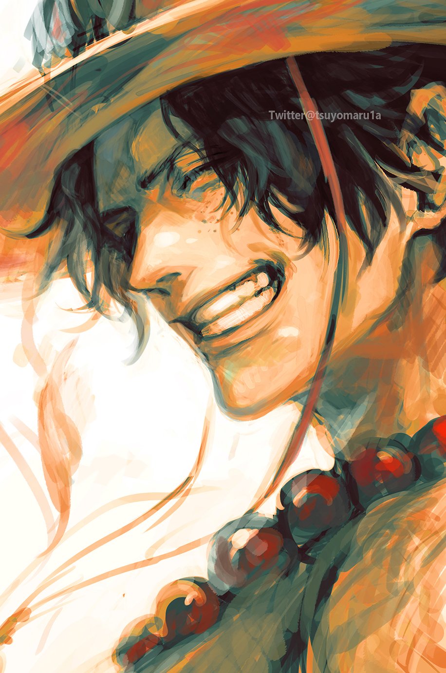 1boy artist_name bead_necklace beads black_hair closed_eyes face freckles grin happy hat highres jewelry male_focus necklace one_piece portgas_d._ace portrait short_hair smile solo tsuyomaru twitter_username watermark