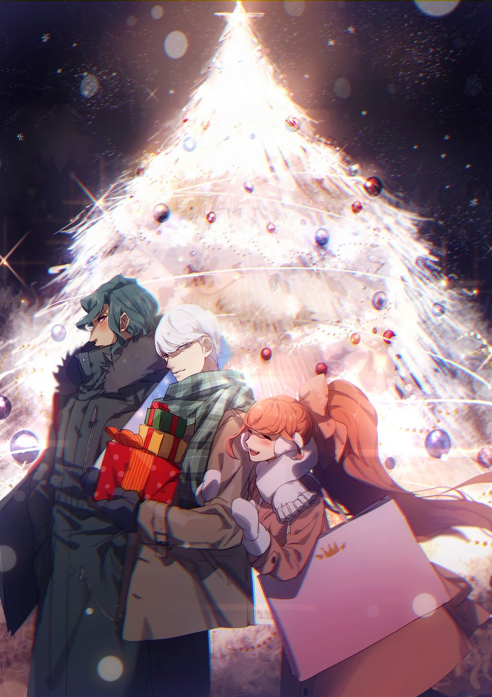 1girl 2boys alternate_costume arm_grab bag bangs bow brown_coat brown_hair brown_pants brown_scarf christmas_ornaments christmas_tree closed_eyes coat dangan_ronpa_(series) dangan_ronpa_3_(anime) from_side fur_trim gift grey_eyes grey_hair hands_in_pockets highres holding holding_gift long_hair mittens multiple_boys munakata_kyousuke night no-kan orange_bow orange_hair outdoors pants plaid plaid_scarf ponytail profile sakakura_juuzou scarf short_hair shoulder_bag smile upper_teeth white_mittens white_scarf yukizome_chisa