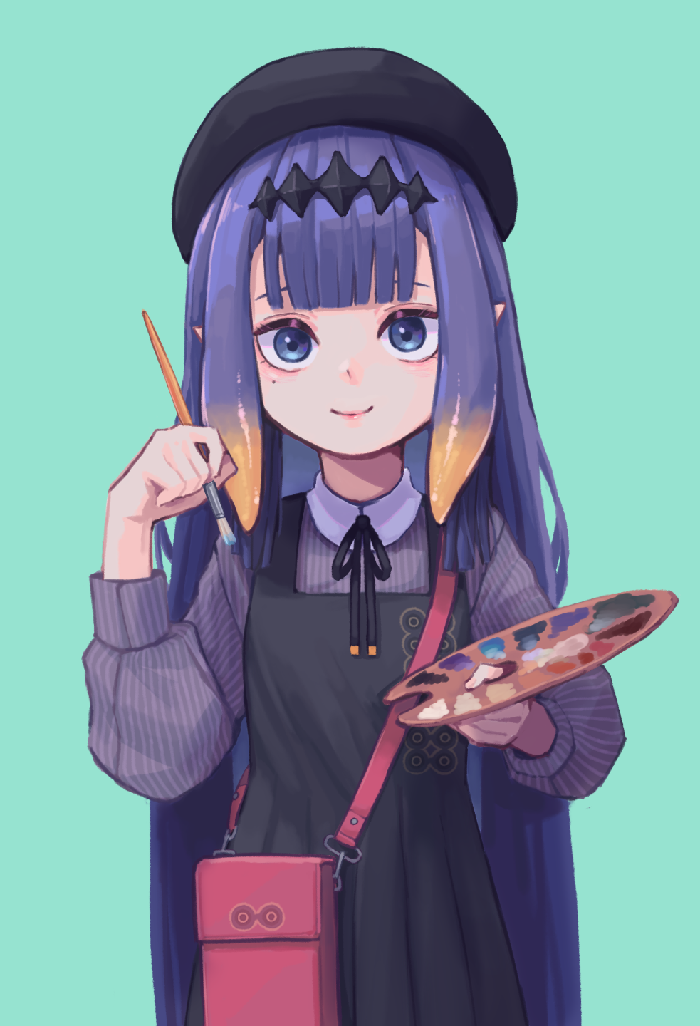 1girl bag bangs beret black_dress blue_background blunt_bangs chuo8008 dress hair_ornament handbag hat highres holding holding_paintbrush hololive hololive_english long_hair looking_at_viewer mole mole_under_eye ninomae_ina'nis paintbrush palette pointy_ears purple_hair simple_background smile solo violet_eyes virtual_youtuber