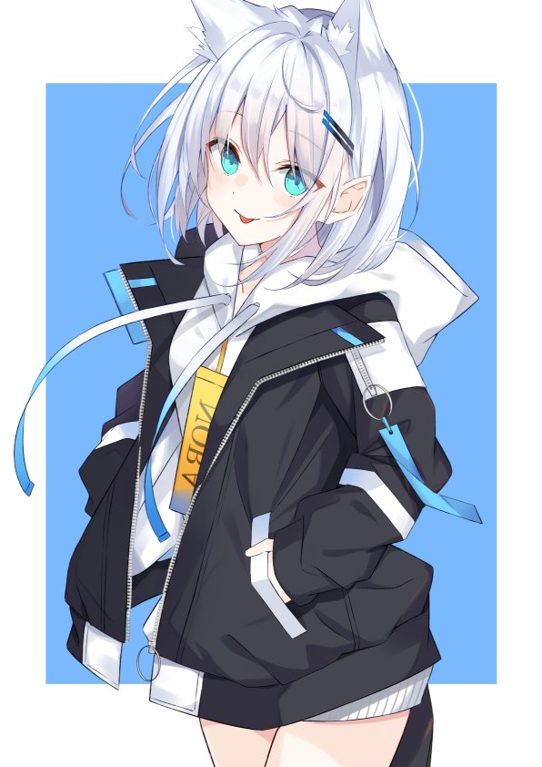 1girl :p animal_ear_fluff animal_ears aqua_eyes chroemaguro extra_ears hair_ornament hairclip hands_in_pockets hood hood_down hoodie jacket long_sleeves looking_at_viewer no_pants open_clothes open_jacket original short_hair tongue tongue_out white_hair white_hoodie
