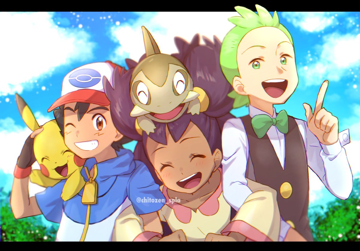 1girl 2boys :d artist_name ash_ketchum axew bangs baseball_cap black_hair blue_jacket blurry bow bowtie brown_eyes brown_vest chitozen_(pri_zen) cilan_(pokemon) closed_eyes clouds commentary_request day eyelashes fingerless_gloves gen_1_pokemon gen_5_pokemon gloves green_eyes green_hair green_neckwear grin hat index_finger_raised iris_(pokemon) jacket letterboxed locked_arms long_hair long_sleeves looking_at_viewer multiple_boys no_sclera on_head one_eye_closed open_mouth outdoors pikachu pokemon pokemon_(anime) pokemon_(creature) pokemon_bw_(anime) pokemon_on_back pokemon_on_head purple_hair shirt short_sleeves sky smile tongue upper_teeth vest watermark white_shirt zipper_pull_tab |d