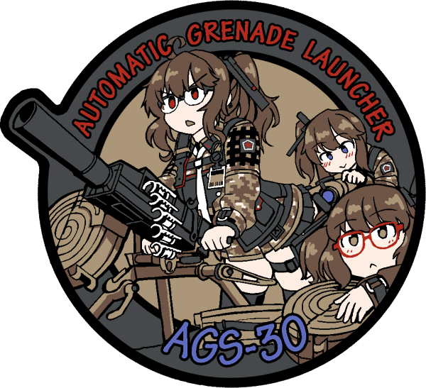 3girls :&gt; :&lt; ags-30 ags-30_(girls_frontline) blue_eyes brown_eyes brown_hair brown_jacket camouflage camouflage_jacket character_name dutchko english_text girls_frontline glasses jacket long_sleeves medium_hair miniskirt multiple_girls red_eyes skirt twintails weapon