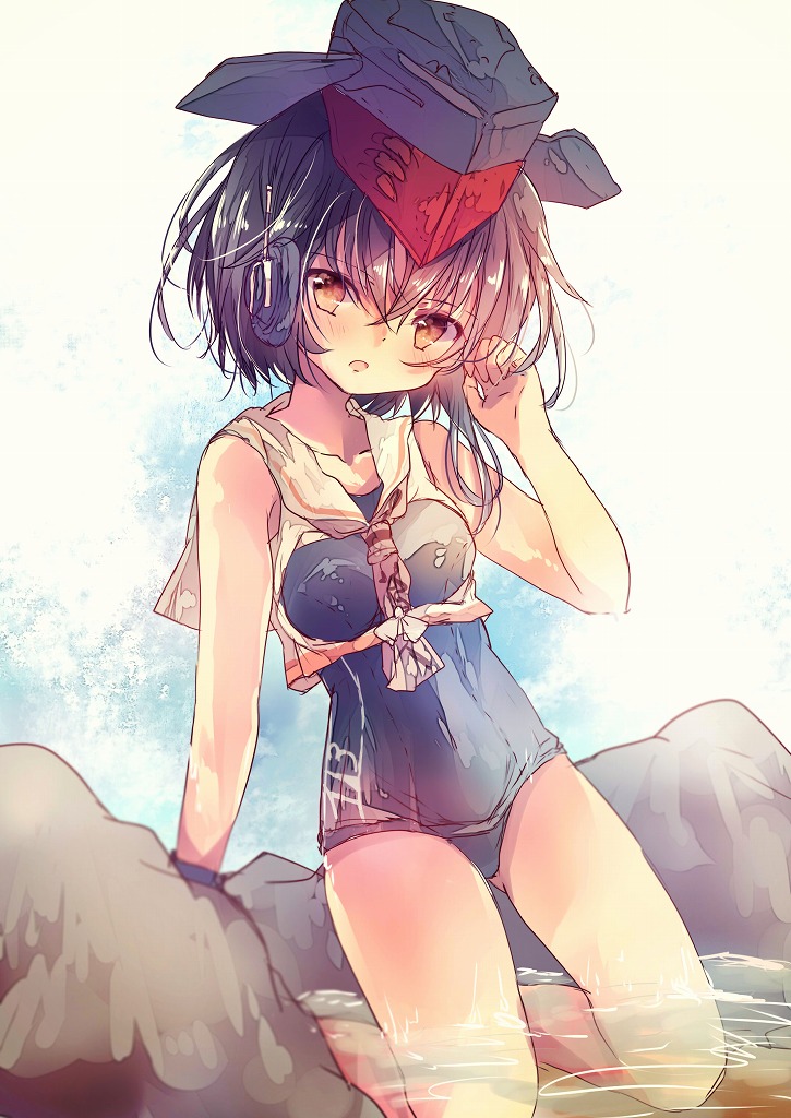 1girl asymmetrical_hair beach black_hair black_swimsuit blue_swimsuit blush breast_cutout breasts brown_eyes brown_neckwear day eyebrows_visible_through_hair framed_breasts gloves hair_between_eyes hat headphones i-13_(kancolle) kantai_collection kneeling partially_fingerless_gloves rock sailor_collar school_swimsuit shirt short_hair single_glove sitting small_breasts solo swimsuit swimsuit_under_clothes wariza water white_sailor_collar