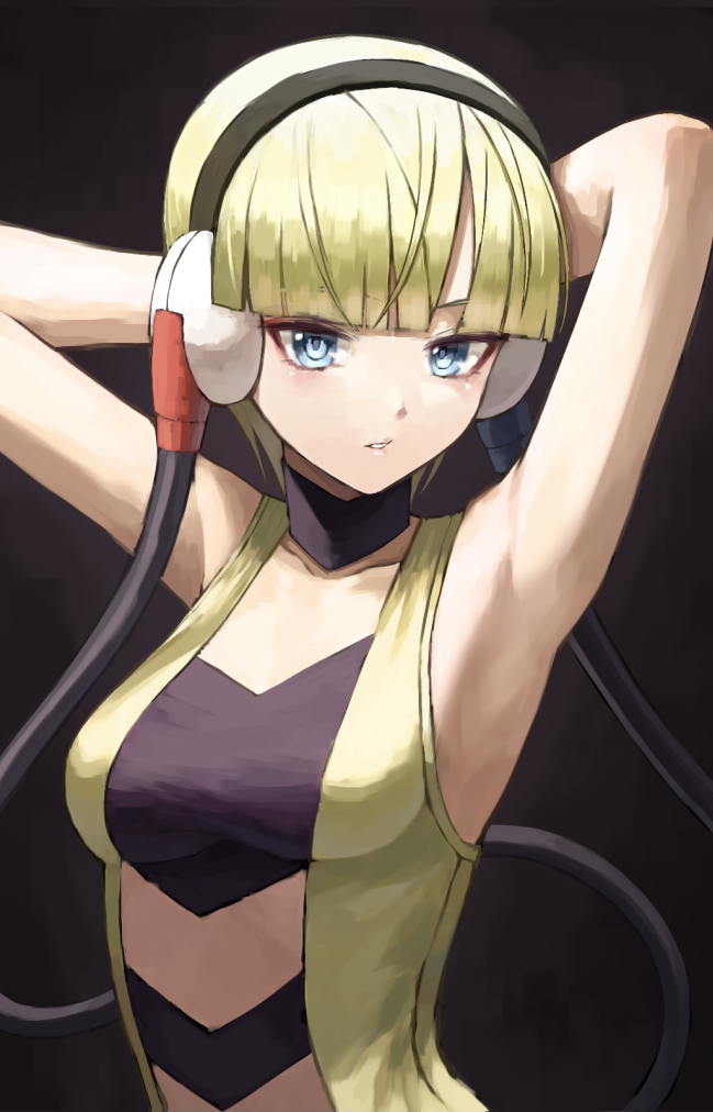 1girl armpits arms_behind_head bangs bare_arms blonde_hair blue_eyes blunt_bangs breasts commentary_request elesa_(pokemon) fagi_(kakikaki) gym_leader headphones looking_at_viewer parted_lips pokemon pokemon_(game) pokemon_bw short_hair solo upper_body