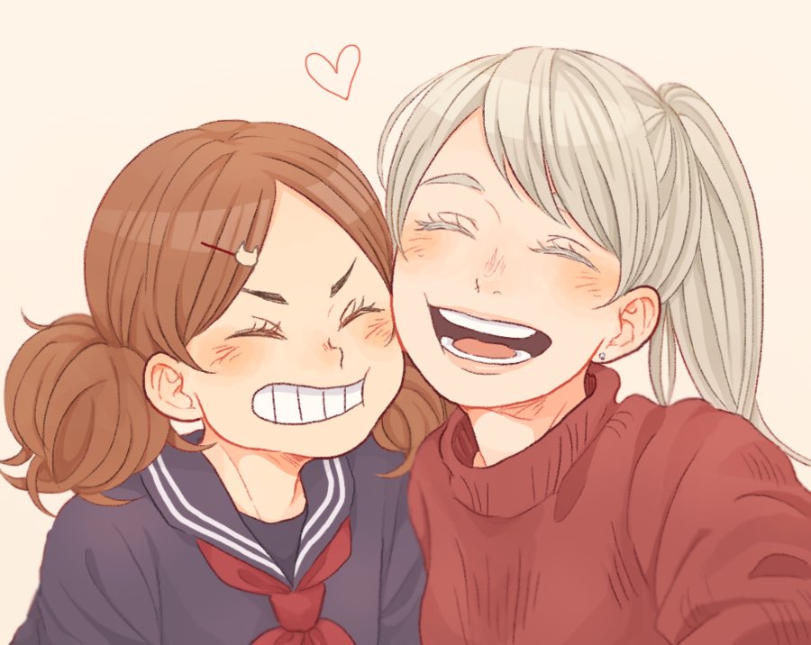 2girls ^_^ age_difference blonde_hair blush brown_hair closed_eyes eyebrows eyelashes facing_viewer grin haiba_arisa haikyuu!! hair_ornament hairclip happy heart laugh_111 long_hair multiple_girls open_mouth ponytail portrait red_sweater sailor_collar school_uniform smile sweater teeth tied_hair tongue twintails yamamoto_akane