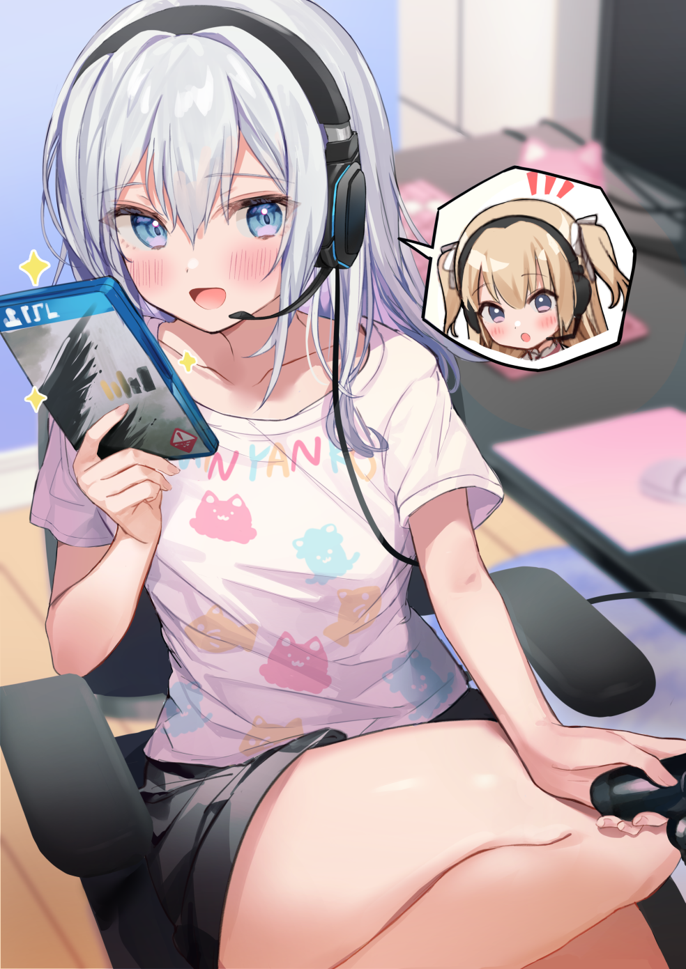 2girls :d :o bangs bare_legs black_shorts blonde_hair blue_eyes blush chair collarbone commentary_request controller eyebrows_visible_through_hair game_controller hair_between_eyes hand_up headset highres holding holding_controller holding_game_controller indoors kanda_done long_hair multiple_girls notice_lines office_chair on_chair open_mouth original shirt short_shorts short_sleeves shorts silver_hair sitting smile spoken_character two_side_up white_shirt