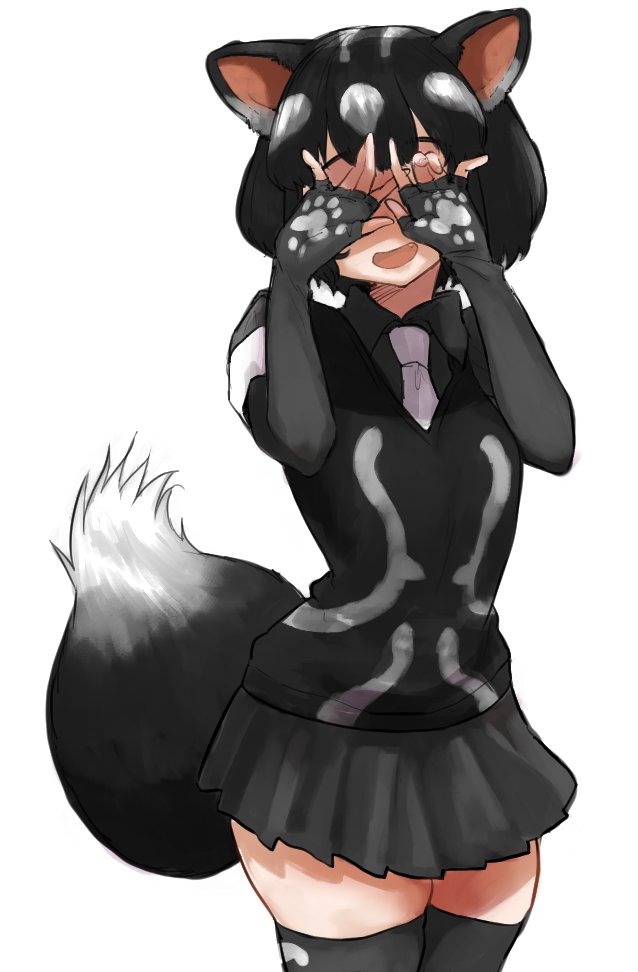 black_hair black_legwear black_shirt black_skirt black_vest blush collared_shirt commentary covering_face cowboy_shot elbow_gloves eyebrows_visible_through_hair fang fingerless_gloves gloves kemono_friends multicolored_hair necktie open_mouth paw_print pleated_skirt shirt short_hair shuushuusha skirt skunk_ears skunk_girl skunk_tail spotted_skunk_(kemono_friends) symbol_commentary thigh-highs two-tone_hair two-tone_shirt vest white_hair white_neckwear white_shirt zettai_ryouiki