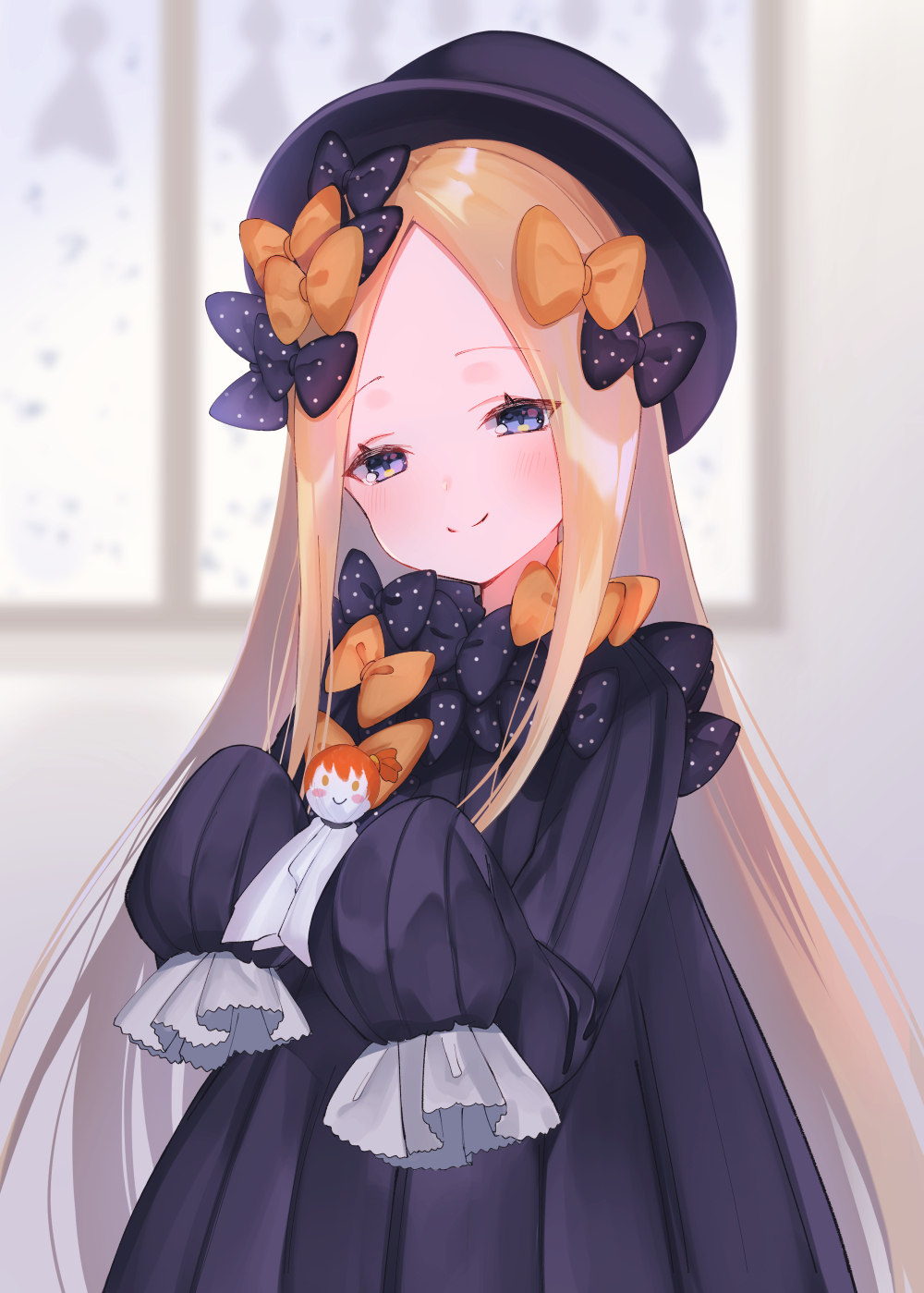 1girl abigail_williams_(fate) bangs black_bow black_dress black_headwear blonde_hair blue_eyes blush bow breasts closed_mouth commentary_request dress fate/grand_order fate_(series) forehead hair_bow hat highres long_hair looking_at_viewer multiple_bows multiple_hair_bows orange_bow parted_bangs polka_dot polka_dot_bow ribbed_dress sleeves_past_fingers sleeves_past_wrists small_breasts smile solo suzuho_hotaru