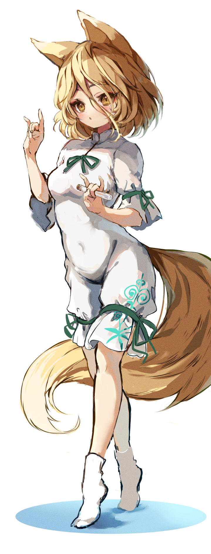 1girl :o animal_ears blonde_hair blush breasts fox_ears fox_shadow_puppet fox_tail full_body hair_between_eyes hand_up highres holding_test_tube kudamaki_tsukasa medium_breasts piyokichi romper short_hair simple_background solo tail touhou vial white_background white_jumpsuit yellow_eyes