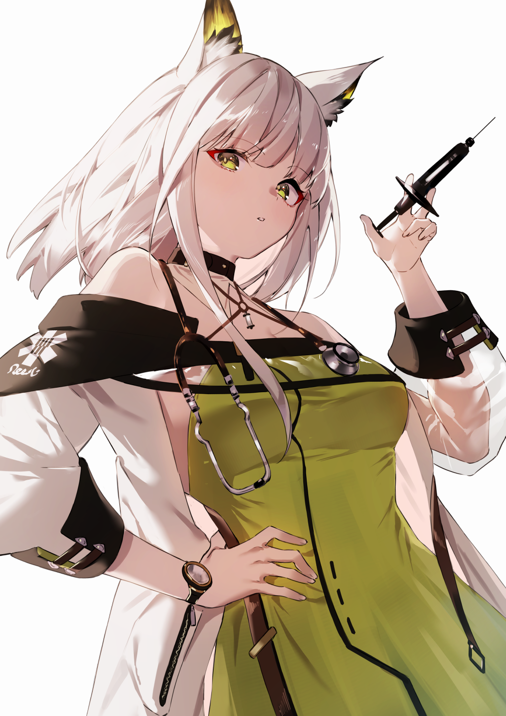 1girl animal_ear_fluff arknights bangs breasts commentary_request dress eyebrows_visible_through_hair green_dress green_eyes hand_on_hip hand_up highres holding holding_syringe ichibi kal'tsit_(arknights) labcoat long_hair looking_at_viewer lynx_ears medium_breasts parted_lips see-through_sleeves solo stethoscope syringe upper_body white_background