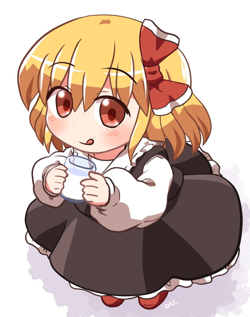 1girl :q bangs black_skirt blonde_hair blush bow closed_mouth cup dot_nose drink drinking_glass eyebrows_visible_through_hair frilled_shirt_collar frills from_above from_side full_body hair_between_eyes hair_bow hands_up holding holding_cup licking_lips long_sleeves looking_at_viewer looking_to_the_side looking_up milk petticoat puffy_long_sleeves puffy_sleeves red_bow red_eyes red_footwear rokugou_daisuke rumia shadow short_hair signature simple_background skirt smile solo standing tareme tongue tongue_out touhou white_background