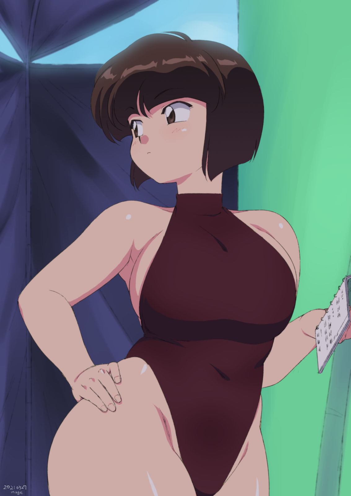 1girl blue_sky breasts brown_eyes brown_hair casual_one-piece_swimsuit commentary_request dated eyebrows_visible_through_hair hand_on_hip highleg highleg_swimsuit highres holding holding_notebook large_breasts looking_to_the_side mage_(harumagedon) notebook one-piece_swimsuit ranma_1/2 short_hair signature sky solo swimsuit tendou_nabiki