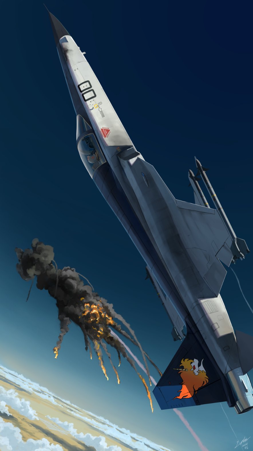 aircraft airplane area_88 clouds dated explosion f-20_tigershark fighter_jet from_side highres jet kazama_shin military military_vehicle missile signature solo utachy vehicle_focus