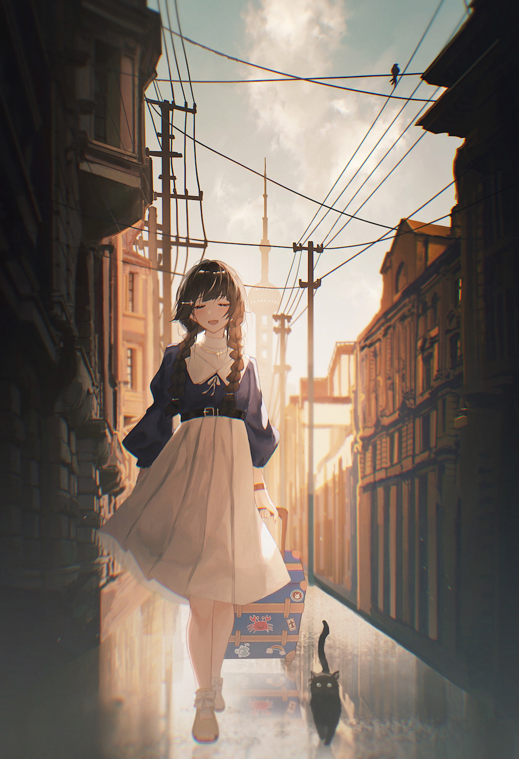 1girl ankodesoy belt black_cat black_hair blush bow braid building cat closed_eyes clouds commentary footwear_bow full_body hair_ornament hairclip high-waist_skirt highres jewelry long_hair long_sleeves luggage necklace nijisanji open_mouth oriental_pearl_tower outdoors power_lines puffy_sleeves real_world_location reflection rolling_suitcase shanghai skirt sky smile solo tower tsukino_mito twin_braids utility_pole virtual_youtuber watch watch