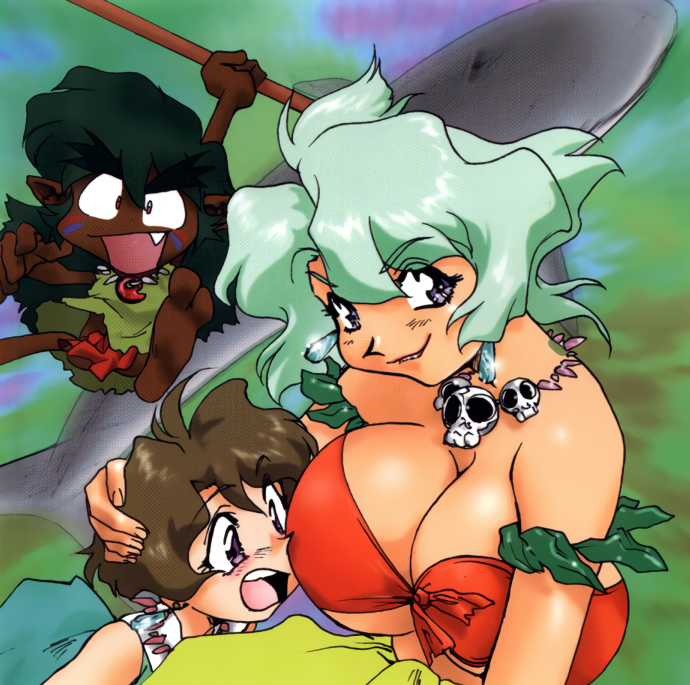 1990s_(style) 1boy 2girls barefoot breasts brown_eyes brown_hair constricted_pupils crystal_earrings dark_skin dark_skinned_male dual_persona earrings eyebrows_visible_through_hair facepaint fang front-tie_top green_hair hand_on_another's_head holding holding_spear holding_weapon huge_breasts jewelry jungle_de_ikou leaf_skirt light_green_hair long_hair looking_at_viewer mii_(jungle_de_ikou) multiple_girls official_art ongo pointy_ears polearm retro_artstyle short_hair skull_necklace smile spear thick_eyebrows weapon