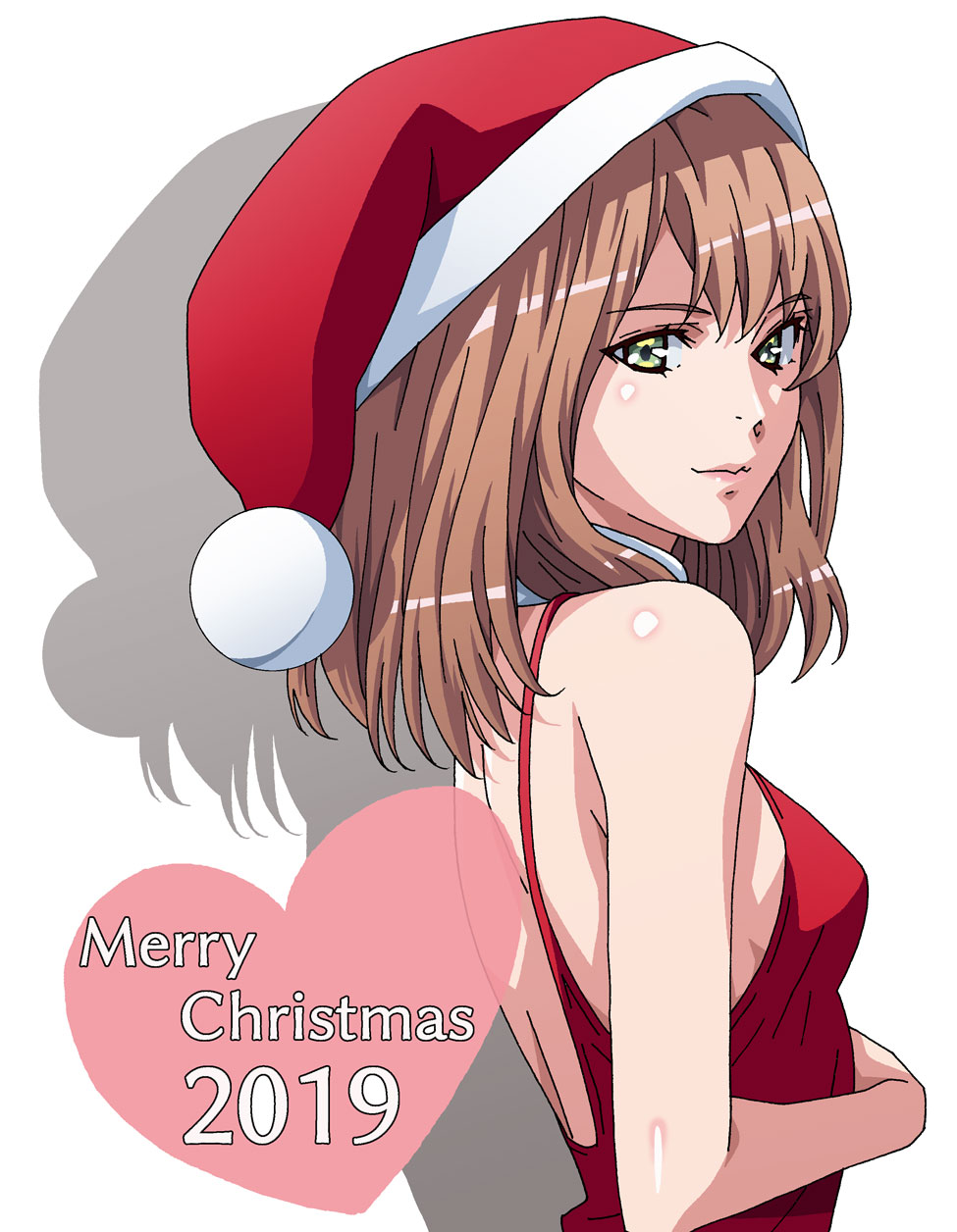 1girl 2019 amano_yo-ki breasts brown_hair dress from_side green_eyes hat highres looking_at_viewer merry_christmas original red_dress santa_hat shadow small_breasts solo upper_body