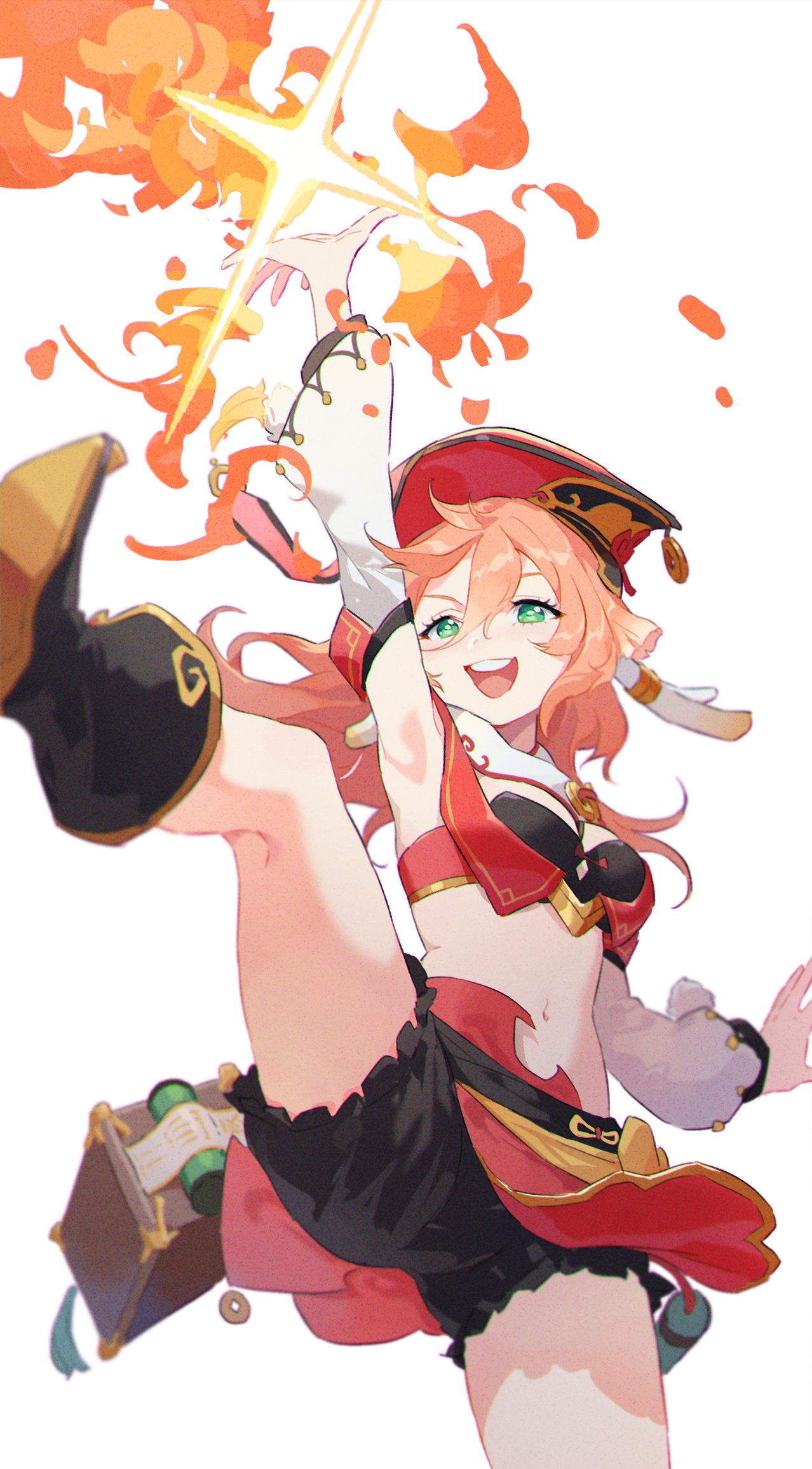 1girl antlers arm_up armpits bare_shoulders black_bloomers black_bra book bow bra breasts cleavage_cutout clothing_cutout crop_top detached_sleeves fire genshin_impact green_eyes hair_between_eyes hand_up high_heels highres honlo leg_up long_hair long_sleeves looking_at_viewer midriff open_mouth red_headwear red_skirt simple_background skirt small_breasts smile solo sparkle spread_legs underwear upper_teeth white_background yanfei_(genshin_impact) yellow_bow