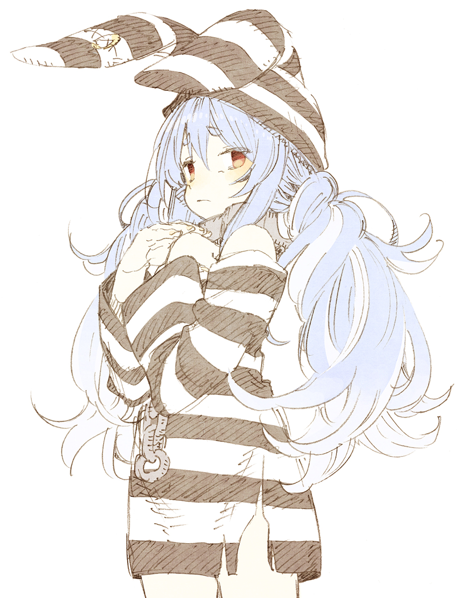 1girl abara_heiki animal_ears bangs blue_hair chain commentary cowboy_shot cuffs dress empty_eyes frown hair_between_eyes hat highres hololive long_hair long_sleeves messy_hair multicolored_hair official_alternate_costume prison_clothes rabbit_ears red_eyes shackles simple_background solo striped striped_dress striped_headwear torn_clothes torn_dress twintails two-tone_hair usada_pekora virtual_youtuber white_background white_hair