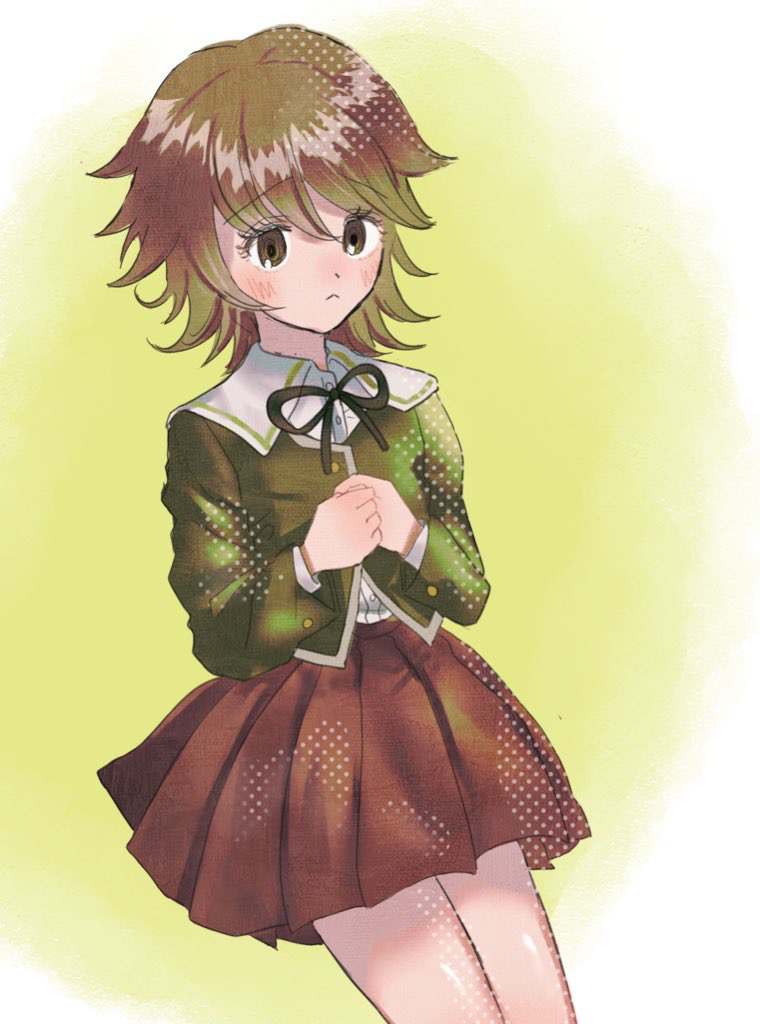 1boy bangs blush brown_eyes brown_hair brown_skirt closed_mouth cowboy_shot crossdressinging dangan_ronpa:_trigger_happy_havoc dangan_ronpa_(series) dress_shirt frown fujisaki_chihiro green_background green_jacket jacket long_sleeves looking_at_viewer male_focus mochi_(yuriraru) neck_ribbon otoko_no_ko pleated_skirt ribbon school_uniform shiny shiny_hair shirt short_hair skirt solo white_background white_shirt yellow_background