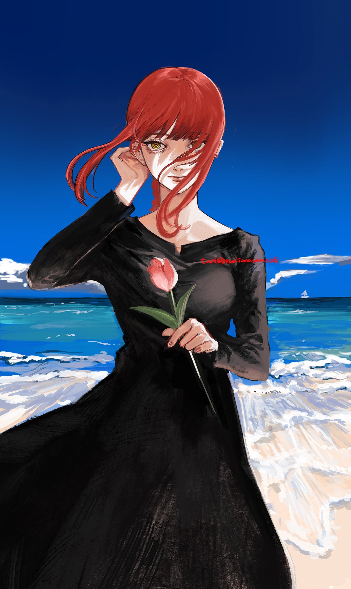 1girl beach black_dress blue_sky braid braided_ponytail breasts chainsaw_man closed_mouth clouds cloudy_sky commentary cowboy_shot day dress eyebrows_visible_through_hair eyelashes flower hair_over_one_eye hand_in_hair highres holding holding_flower lips long_sleeves looking_at_viewer makima_(chainsaw_man) makimasansuki medium_breasts medium_hair ocean outdoors pink_flower redhead ringed_eyes sidelocks sky solo symbol_commentary tulip twitter_username waves wind yellow_eyes