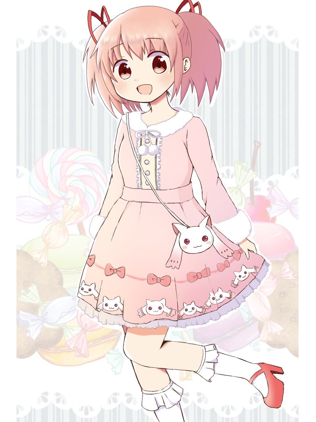 1girl alternate_costume arms_at_sides bag blush_stickers border buttons candy candy_wrapper center_frills character_print cherry chika_taso cookie dot_nose dress eyebrows_visible_through_hair feet_up flat_chest food foot_out_of_frame frilled_legwear frills fruit fur-trimmed_dress fur-trimmed_sleeves fur_trim grey_background hair_ribbon handbag happy highres kaname_madoka knees_together_feet_apart kyubey lace_border light_blush lollipop macaron mahou_shoujo_madoka_magica mary_janes open_mouth pastel_colors pink_dress pink_eyes pink_hair pink_ribbon pom_pom_(clothes) red_footwear red_ribbon ribbon ribbon_print shoes short_dress short_twintails simple_background skirt_hold socks solo standing standing_on_one_leg striped striped_background sweets tareme twintails vertical_stripes white_border white_legwear