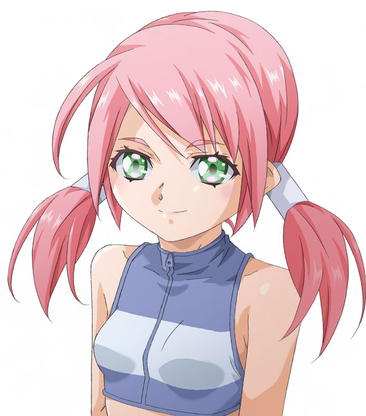 1girl amano_yo-ki arm_behind_back breasts crop_top green_eyes hair_tubes low_twintails midriff original pink_hair sleeveless small_breasts smile solo twintails white_background zipper