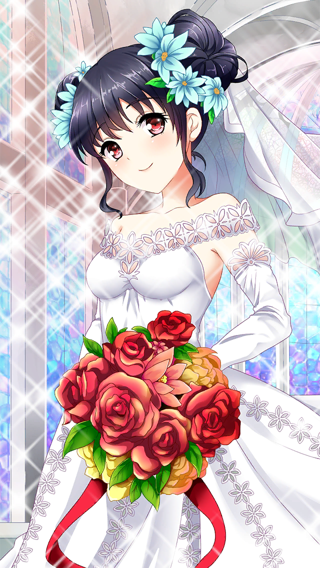 1girl bangs black_hair blue_flower bouquet breasts closed_mouth collarbone detached_sleeves double_bun doukyuusei dress eyebrows_visible_through_hair flower game_cg hair_between_eyes hair_flower hair_ornament holding holding_bouquet indoors long_dress long_sleeves looking_at_viewer medium_breasts narusawa_yui off-shoulder_dress off_shoulder official_art red_eyes red_flower red_rose rose shiny shiny_hair sleeveless sleeveless_dress smile solo sparkle standing tied_hair wedding_dress white_dress white_sleeves yellow_flower yellow_rose