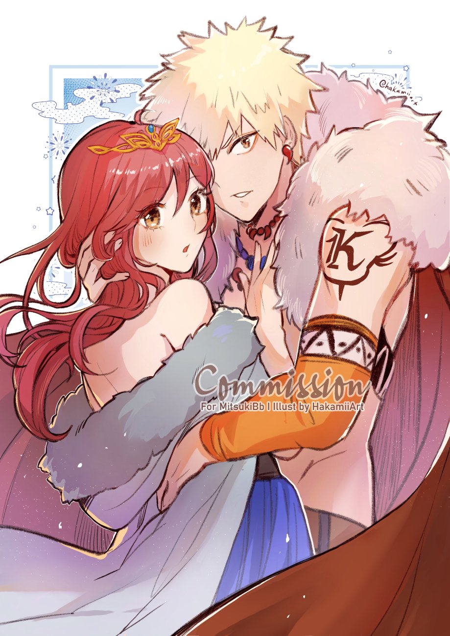 1boy 1girl :o bakugou_katsuki bangs bare_shoulders blonde_hair blue_dress blush boku_no_hero_academia cape commission dress earrings fur-trimmed_cape fur_trim grey_jacket hakamii highres hug jacket jewelry long_hair long_sleeves looking_at_viewer necklace official_alternate_costume open_mouth original red_cape redhead shiny shiny_hair short_hair teeth upper_body white_background yellow_eyes