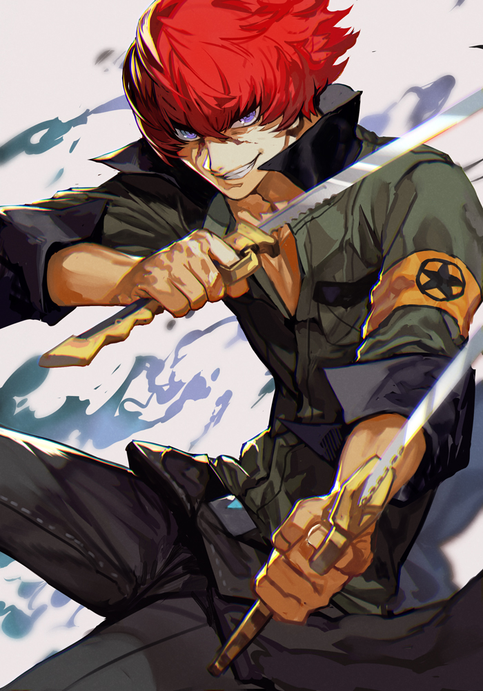 1boy arc_system_works armband clothes_around_waist dual_wielding grin hankuri holding holding_sword holding_weapon hankuri jacket jacket_around_waist looking_at_viewer minazuki_sho persona persona_4 persona_4:_the_ultimate_in_mayonaka_arena persona_4:_the_ultimax_ultra_suplex_hold redhead scar school_uniform serious short_hair simple_background smile solo sword violet_eyes weapon