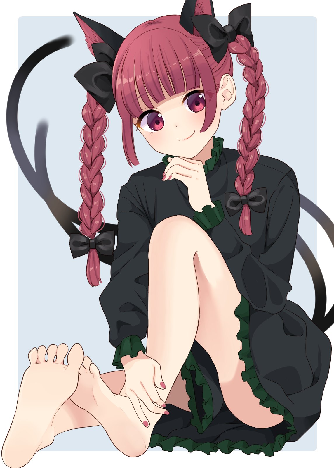 1girl animal_ears bad_feet bangs black_bow blunt_bangs blush bow braid cat_ears cat_tail closed_mouth dress extra_ears eyebrows_visible_through_hair full_body green_dress grey_background hair_bow hand_up highres kaenbyou_rin long_hair looking_at_viewer multiple_tails nail_polish nekomata red_eyes red_nails redhead simple_background sitting smile soles solo stigma1101 tail toes touhou twin_braids twintails two_tails