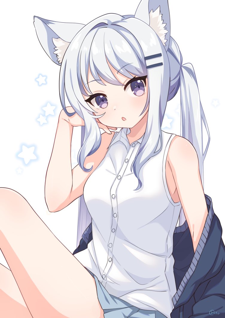 1girl :o animal_ear_fluff animal_ears breasts cat_ears clothes_down dokumi dress_shirt light_blue_hair long_hair medium_breasts miniskirt open_mouth original ponytail shirt skirt sleeveless sleeveless_shirt violet_eyes white_shirt