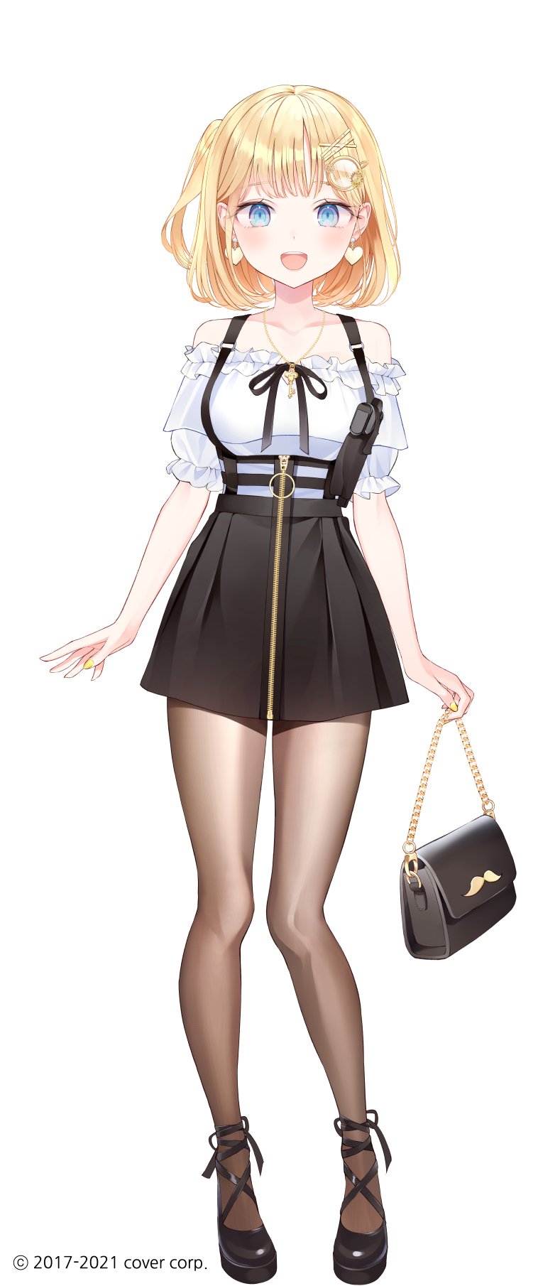 1girl :d bag bare_shoulders black_footwear black_ribbon black_skirt blonde_hair blouse blue_eyes border breasts company_name earrings frilled_shirt frilled_sleeves frills gold_necklace gun hair_ornament handbag heart heart_earrings highres holding holding_bag hololive hololive_english holstered_weapon jewelry large_breasts looking_at_viewer monocle_hair_ornament nabi_(uz02) necklace official_alternate_costume official_art open_mouth pantyhose ribbon shirt simple_background skirt smile solo strappy_heels suspender_skirt suspenders watson_amelia weapon white_background white_blouse zipper