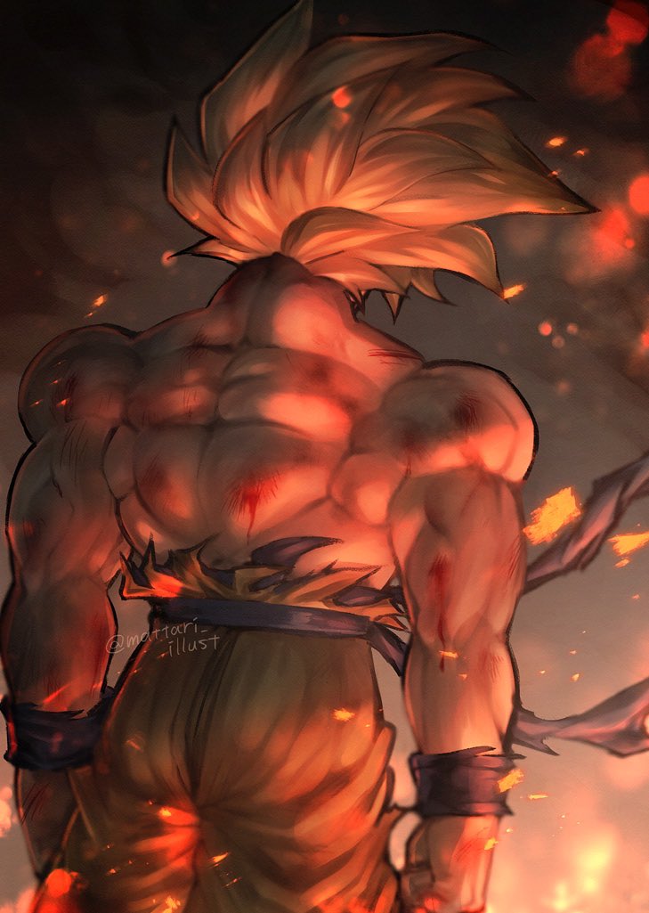 1boy artist_name back blonde_hair check_copyright clenched_hands commentary_request copyright_request cowboy_shot dragon_ball dragon_ball_z embers facing_away from_behind injury male_focus mattari_illust muscular muscular_male orange_pants pants sash shirtless solo son_goku spiky_hair standing super_saiyan torn_clothes torn_pants twitter_username wind wristband