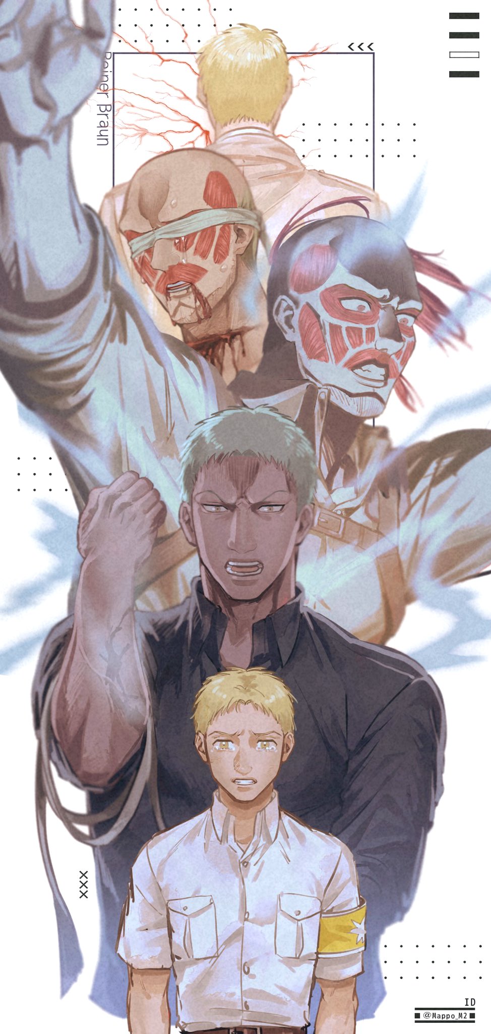 1boy age_progression arm_up back black_shirt blindfold blonde_hair blood blood_from_mouth blood_splatter child collared_shirt crying crying_with_eyes_open highres looking_at_viewer male_focus mappo_m2 paradis_military_uniform reiner_braun shingeki_no_kyojin shirt short_hair spoilers tears upper_body younger