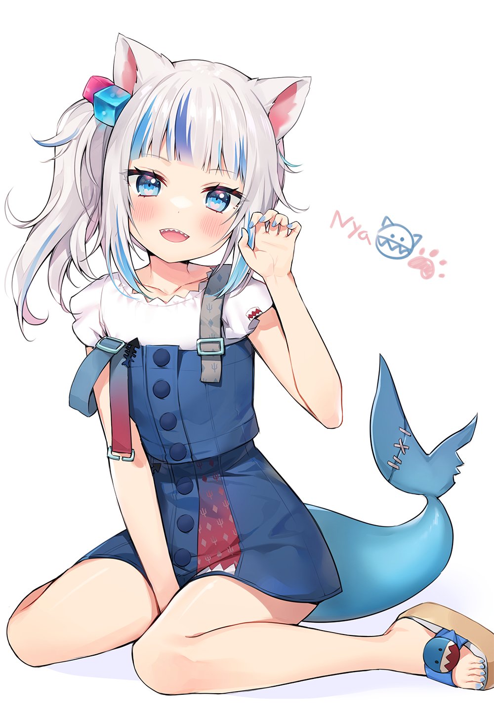 1girl animal_ears ayamy blue_dress blue_eyes blue_hair blue_nails cat_ears collarbone dress fingernails fish_tail full_body gawr_gura hair_ornament highres hololive hololive_english legs looking_at_viewer multicolored_hair nail_polish open_mouth paw_pose sandals shark_tail short_hair side_ponytail simple_background sitting smile solo tail toes two-tone_hair virtual_youtuber white_background white_hair