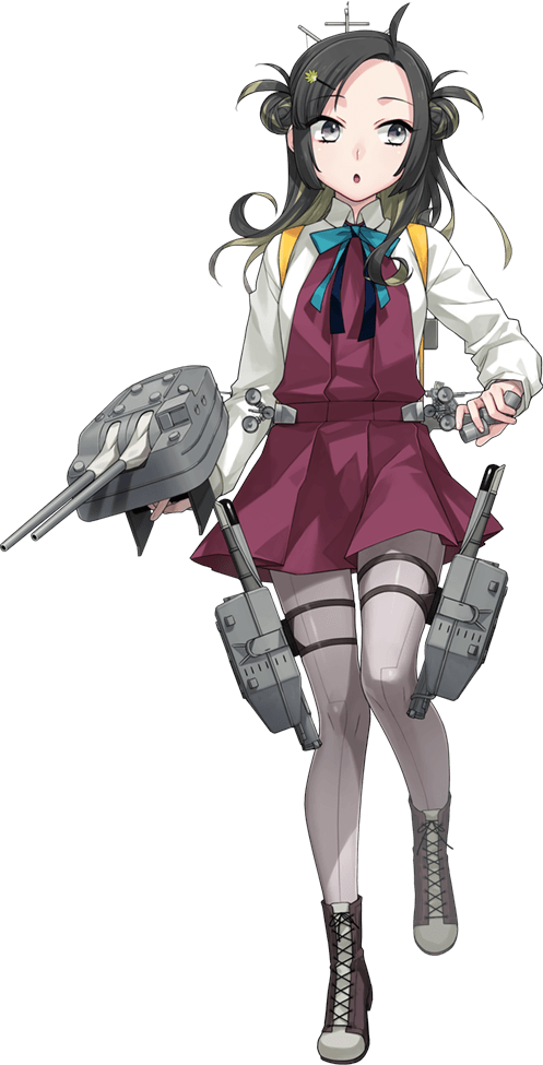 1girl black_hair blouse boots bow bowtie brown_hair cannon cross-laced_footwear depth_charge depth_charge_projector double_bun dress fujikawa full_body grey_eyes grey_legwear halterneck kantai_collection lace-up_boots long_sleeves looking_to_the_side makinami_(kancolle) medium_hair multicolored_hair official_art pantyhose pleated_skirt purple_legwear purple_skirt school_uniform shirt skirt torpedo torpedo_launcher torpedo_tubes turret two-tone_hair vest white_blouse white_shirt