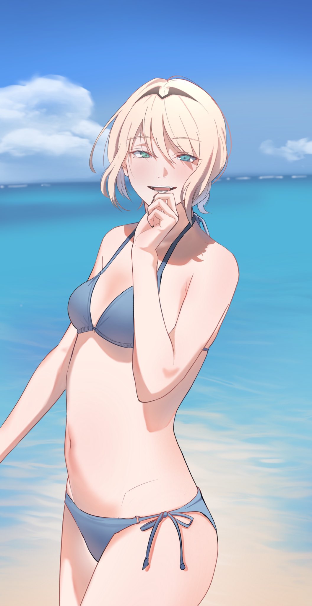 1girl an-94_(girls_frontline) aqua_eyes bare_shoulders beach bikini blonde_hair blue_bikini blue_sky breasts cowboy_shot duplicate eyebrows_visible_through_hair feet_out_of_frame girls_frontline hair_between_eyes hairband halterneck hand_to_own_mouth highres ichinose_(ichinose1592) long_hair looking_at_viewer navel open_mouth pixel-perfect_duplicate side-tie_bikini sky small_breasts smile solo standing string_bikini swimsuit water