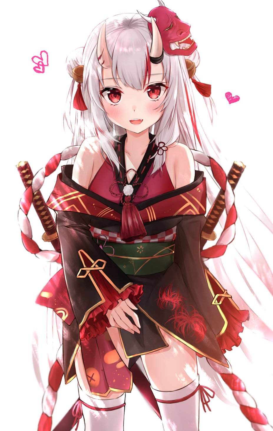 1girl bare_shoulders ex_idol eyebrows_visible_through_hair heart highres hololive horns japanese_clothes long_hair looking_at_viewer mask mask_on_head nakiri_ayame oni oni_horns oni_mask open_mouth red_eyes simple_background smile solo standing thigh-highs virtual_youtuber white_background white_hair white_legwear