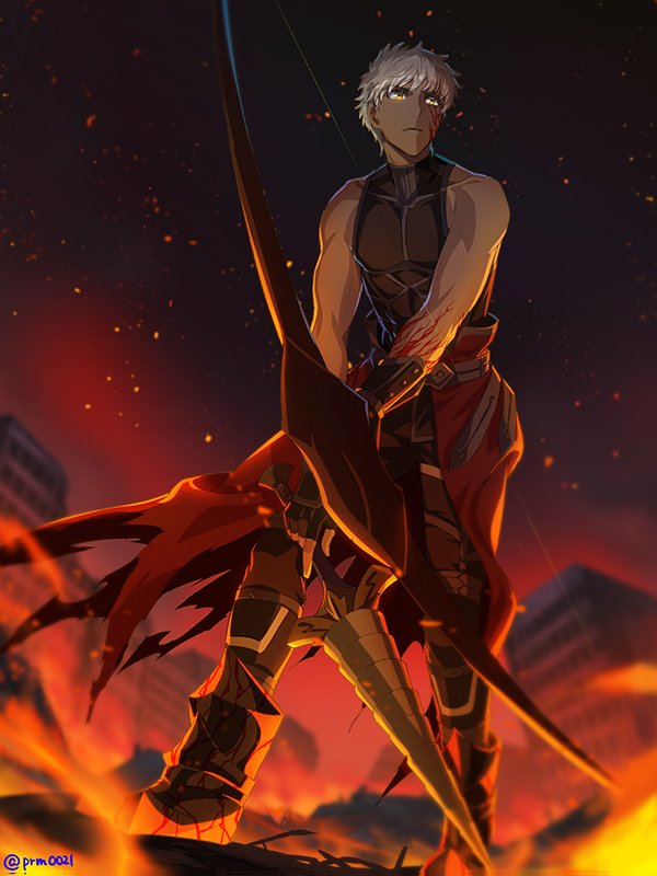 1boy alter_servant archer_alter bare_shoulders bow_(weapon) corruption dark_skin dark_skinned_male fingerless_gloves fire gloves greaves hachito_hikaru male_focus muscular muscular_male ruins solo weapon white_hair yellow_eyes