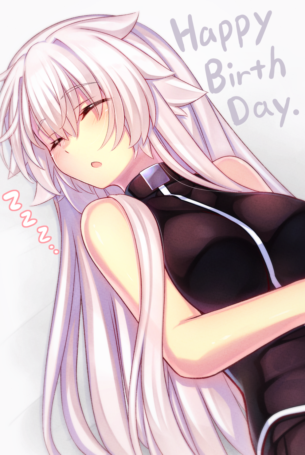 1girl :o bangs bare_shoulders black_jacket black_skirt blush breasts closed_eyes commentary_request eyebrows_visible_through_hair grey_background hair_between_eyes happy_birthday highres jacket long_hair lying medium_breasts murasame_shia on_back original parted_lips pleated_skirt skirt sleeping sleeveless sleeveless_jacket solo upper_body very_long_hair white_hair zzz