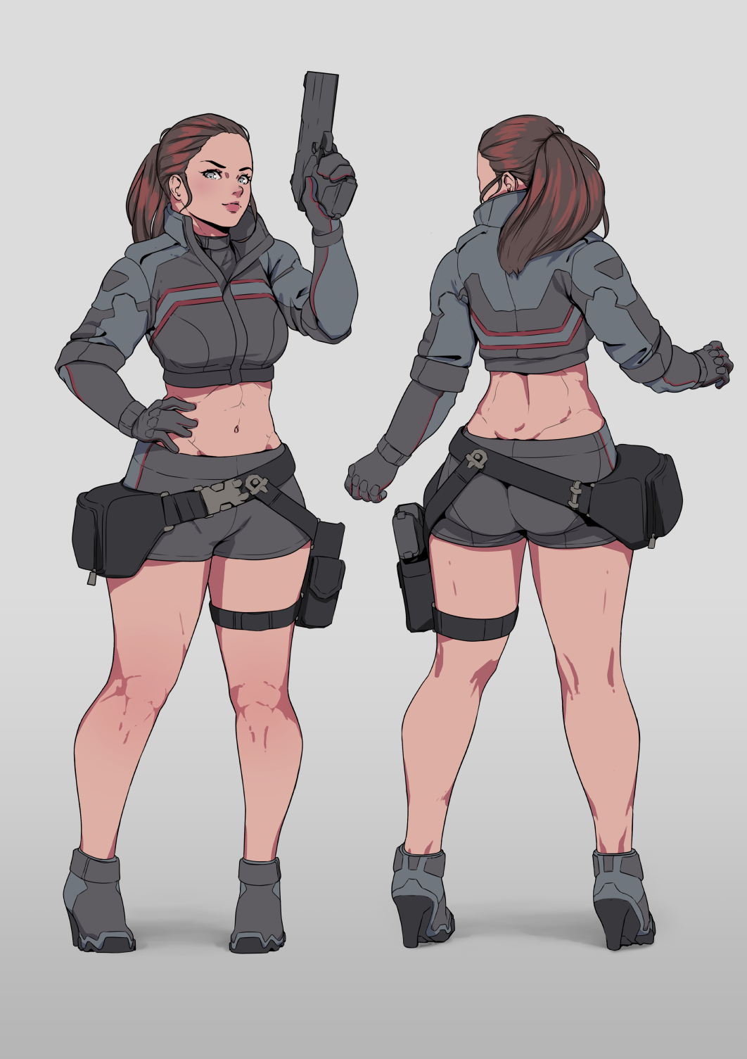 1girl ass breasts brown_eyes brown_hair fanny_pack full_body gloves gun highres holding holding_gun holding_weapon holster long_hair looking_at_viewer medium_breasts multiple_views navel original ponytail short_shorts shorts simple_background smile solo standing thigh_holster toned weapon zerogravitas