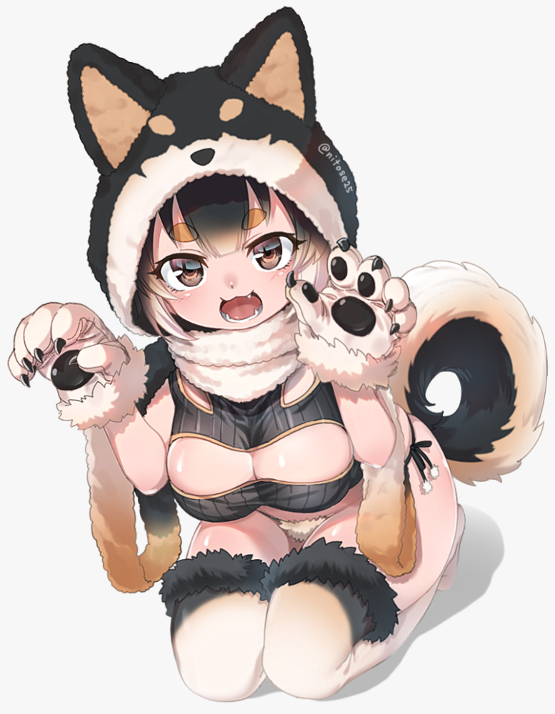 1girl :3 :d animal_hood bangs black_hair breasts brown_eyes claws cleavage_cutout clothing_cutout dog_girl dog_hood dog_tail eyebrows_visible_through_hair fang fangs fur-trimmed_gloves fur-trimmed_hood fur-trimmed_legwear fur_trim gloves hood hoof large_breasts looking_at_viewer multicolored_hair nyifu open_mouth original panties paw_gloves paws seiza short_eyebrows side-tie_panties simple_background sitting smile solo string_panties tail teeth thick_eyebrows thigh-highs twitter_username underwear white_background white_hair