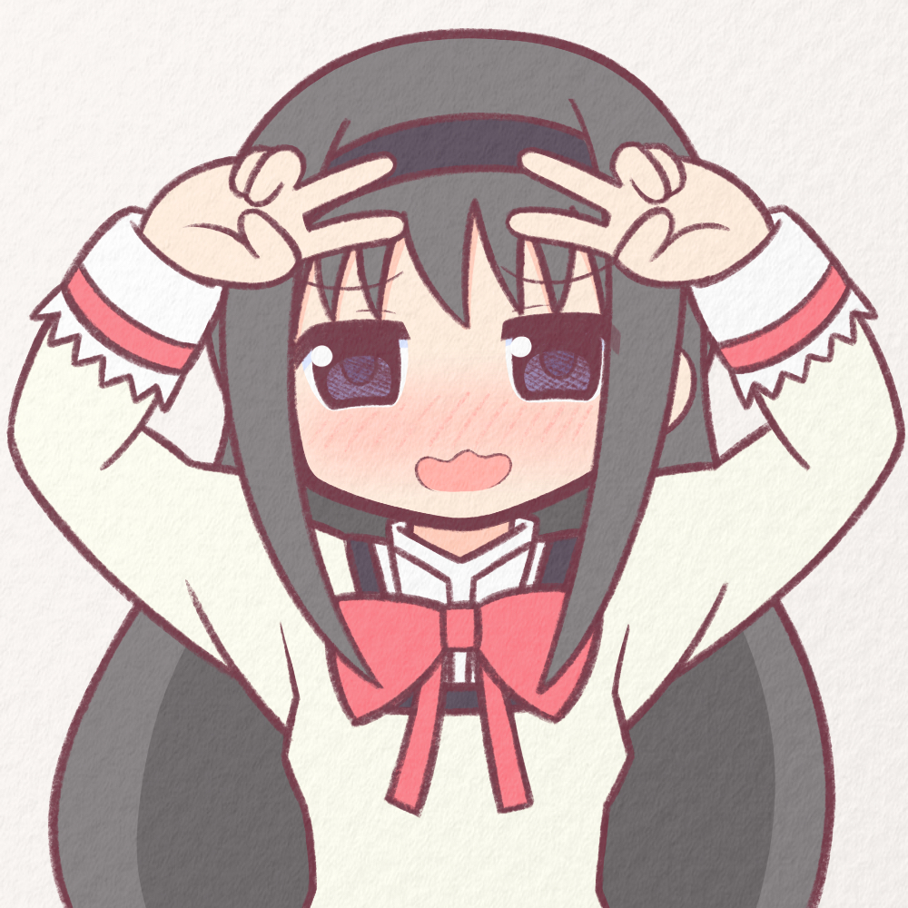 1girl akemi_homura arms_up bangs beige_background beige_vest black_hair blush bow bowtie collared_shirt commentary_request double_v eyebrows_visible_through_hair hair_between_eyes hair_ornament hairband long_hair long_sleeves mahou_shoujo_madoka_magica mitakihara_school_uniform no_nose outline purple_hairband red_bow red_outline school_uniform shirt sidelocks simple_background solo upper_body v vest violet_eyes wavy_mouth white_shirt yuno385