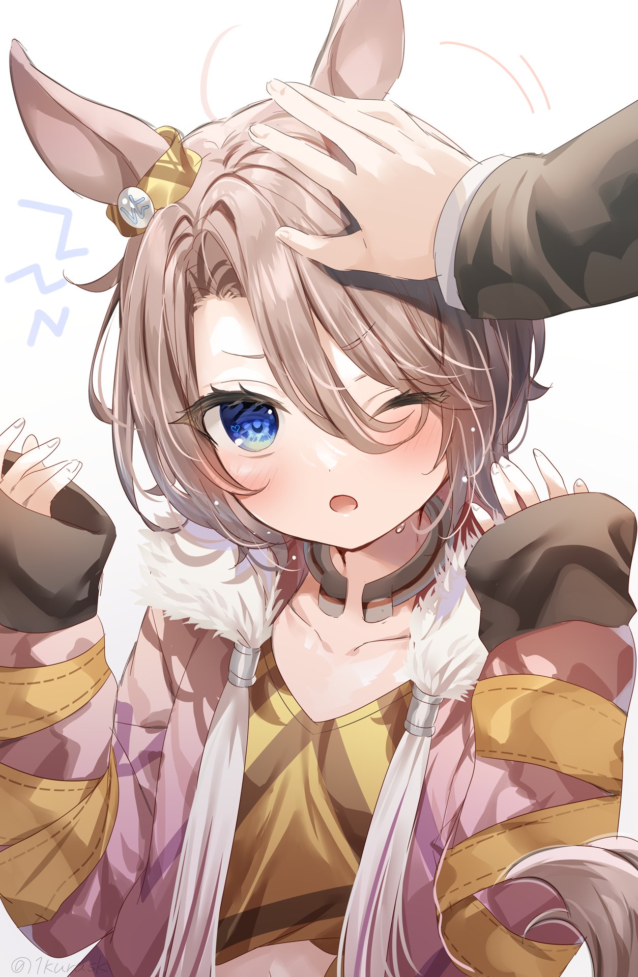 1boy 1girl ;o animal_ears bangs blue_eyes blush brown_hair brown_jacket brown_shirt collarbone commentary_request eyebrows_visible_through_hair eyes_visible_through_hair hair_over_one_eye headpat highres horse_ears jacket long_sleeves mafuyu_(chibi21) narita_taishin_(umamusume) one_eye_closed open_clothes open_jacket open_mouth out_of_frame shirt sleeves_past_wrists solo_focus twitter_username umamusume upper_body white_background