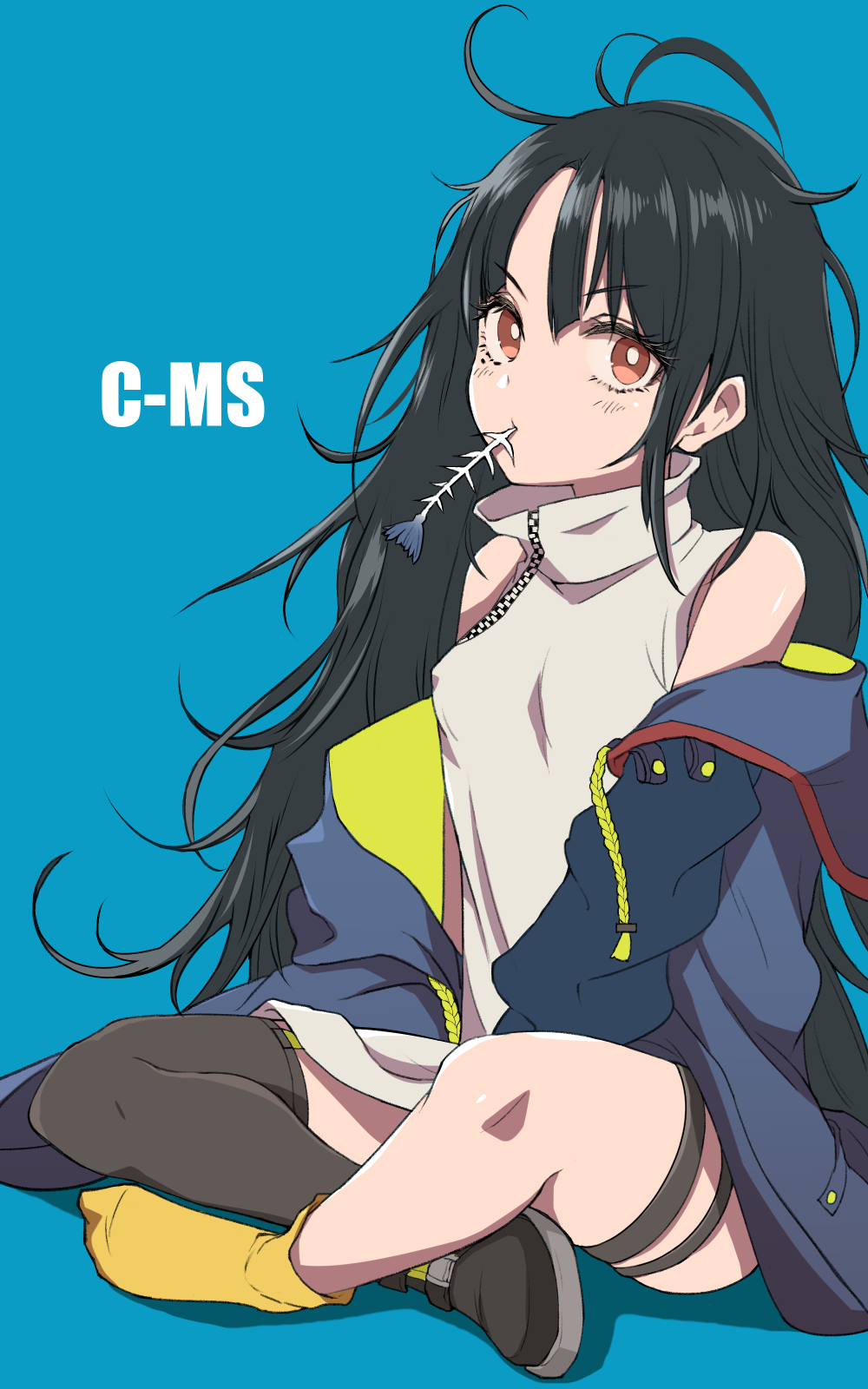 1girl black_footwear black_hair black_legwear blue_background blue_jacket breasts c-ms_(girls_frontline) character_name crossed_legs eyebrows_visible_through_hair girls_frontline highres jacket long_hair looking_at_viewer open_clothes open_jacket red_eyes shirt shoes single_shoe single_sock single_thighhigh sitting_on_floor small_breasts socks solo thigh-highs white_shirt yellow_legwear yu_416416